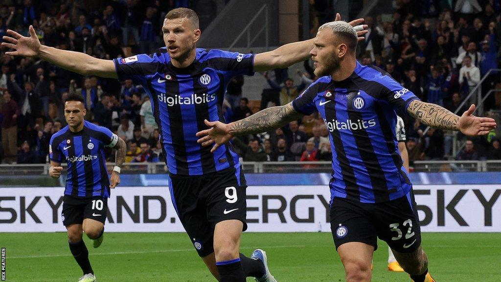 FC Inter Milan's defender Federico Dimarco celebrates after scoring the 1-0 goal during the Coppa Italia semi-final second leg match between FC Inter Milan and Juventus FC, in Milan, Italy, 26 April 2023.