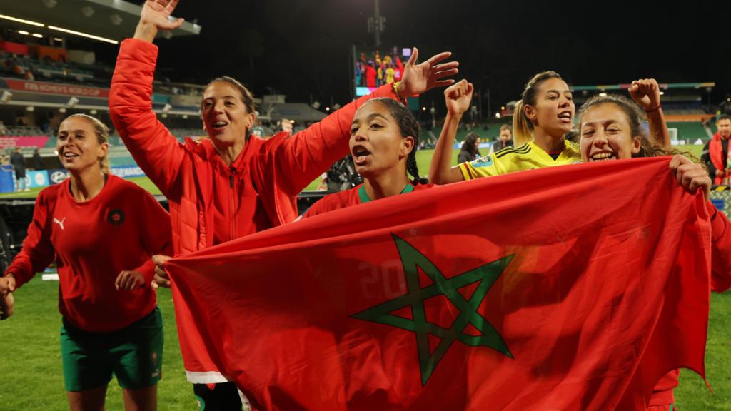 Morocco players celebrate their win after the FIFA Women's World Cup 2023 soccer match between Morocco and Colombia at Perth Rectangular Stadium in Perth, Australia, 03 August 2023.