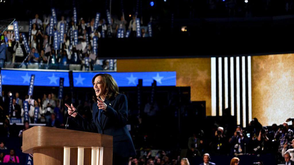 Vice President Kamala Harris smiling and point from a podium in front of supporters at an events centre