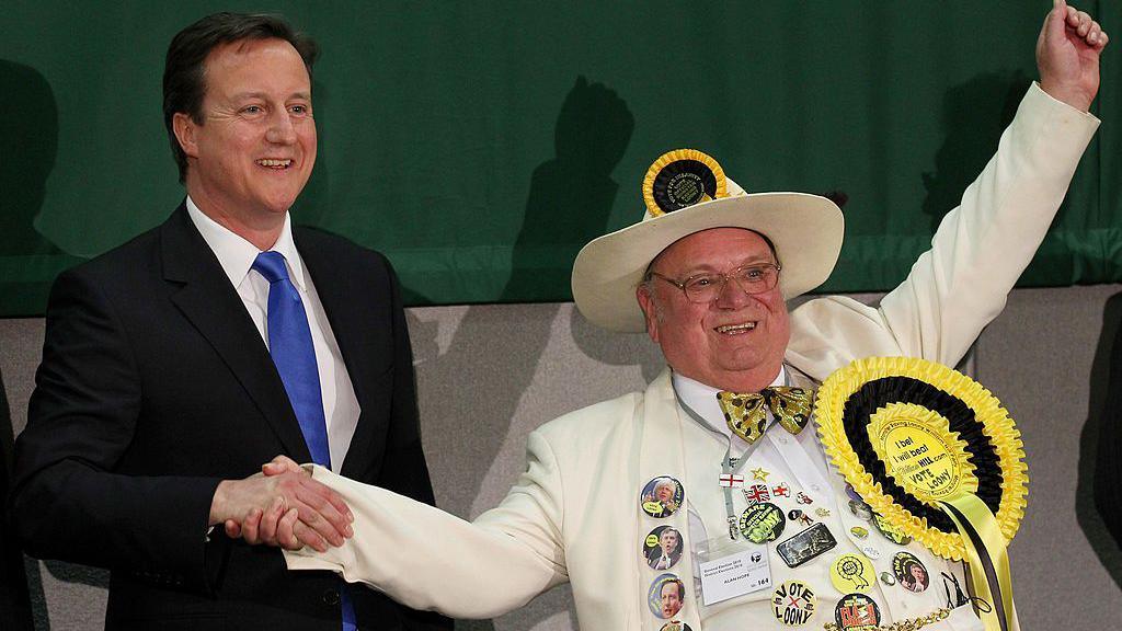 David Cameron with Monster Raving Loony Party candidate Alan Hope on 7 May, 2010 