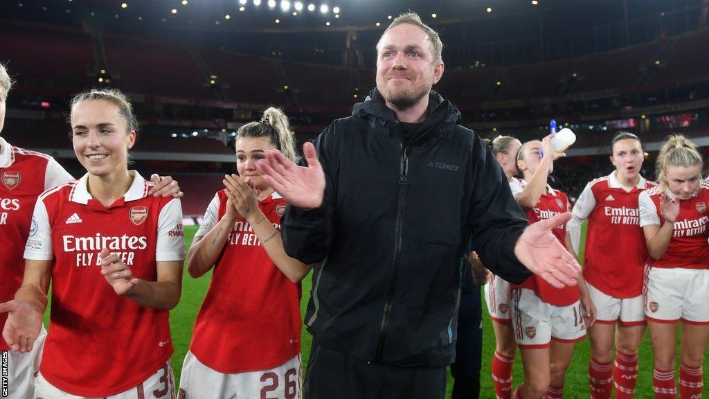 Jonas Eidevall celebrates with his players