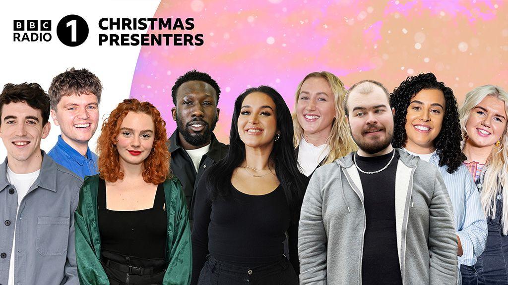 There's a BBC Radio 1 logo with the text 'CHRISTMAS PRESENTERS' in the top left, on a pink and blue background. Below the text there are cut outs of 9 of the chosen Christmas presenters, to display an array of people joining the network.