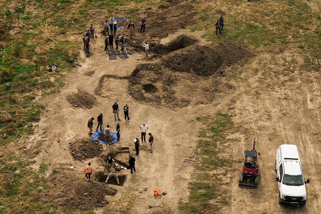 In an aerial view, investigators search for animal remains while executing a second search warrant at Miranda's Rescue as part of an active investigation into alleged animal cruelty, fraud and theft, in Fortuna, Calif., on Tuesday 23 June 23, 2026. ( 