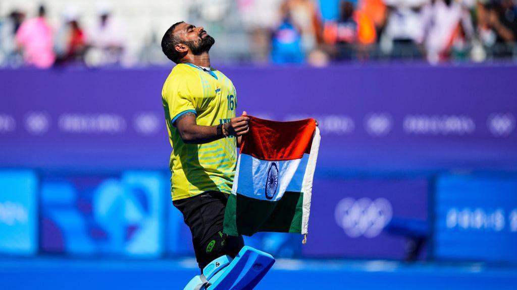 PARIS, FRANCE - AUGUST 08: Sreejesh Parattu Raveendran of India gestures during Men's Bronze Medal Match of the Hockey between India and Spain on Yves-du-Manoir Stadium during the Paris 2024 Olympics Games on August 8, 2024 in Paris, France. (Photo By Oscar J Barroso/Europa Press via Getty Images)