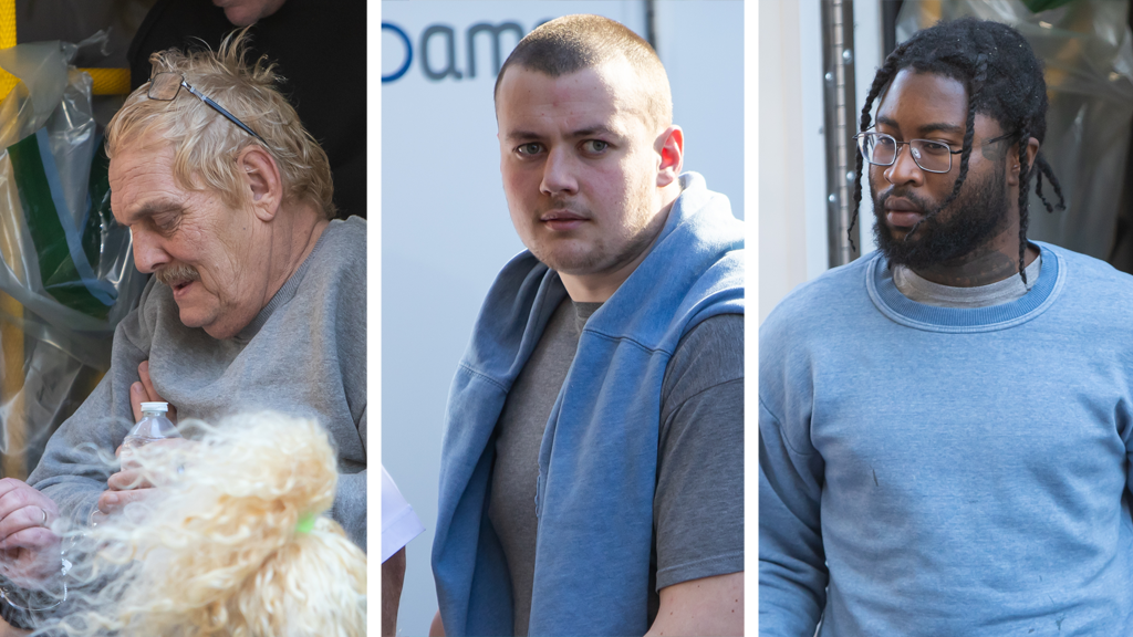 A composite image of three men. On the left the man is an older gentleman with grey hair and glasses on his head. He has a moustache and is wearing a grey jumper. In the middle the man is looking at the camera and has a grey t-shirt and blue hoody around his shoulders. He has a skinhead. And on the right is a black man with dreadlocks who is wearing glasses and a blue jumper.