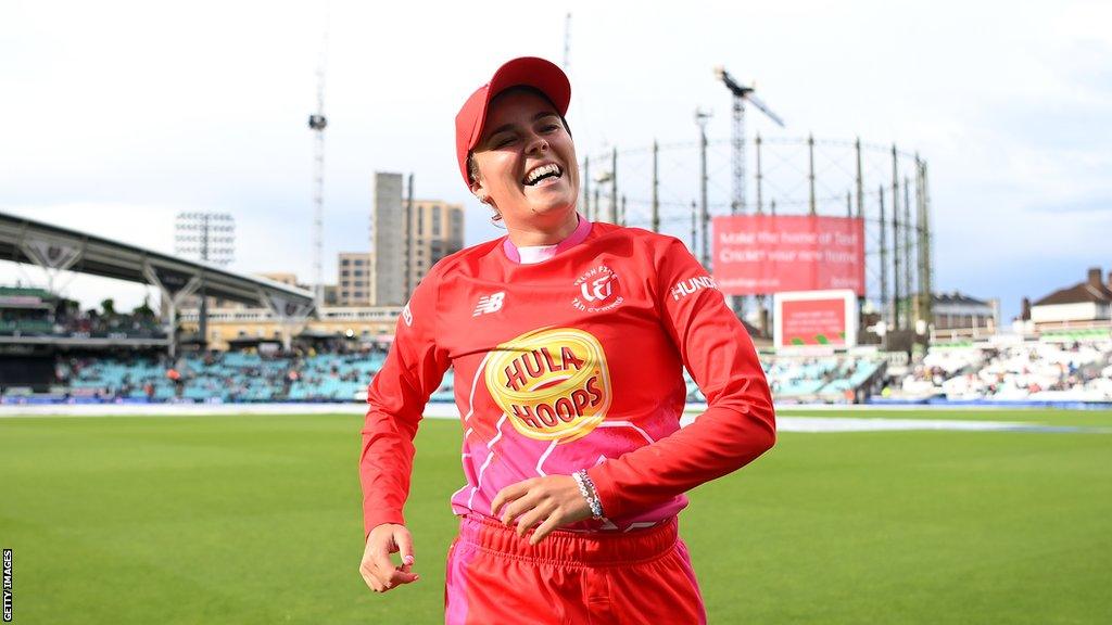 Alex Hartley smiles after her final game of cricket, for Welsh Fire in The Hundred