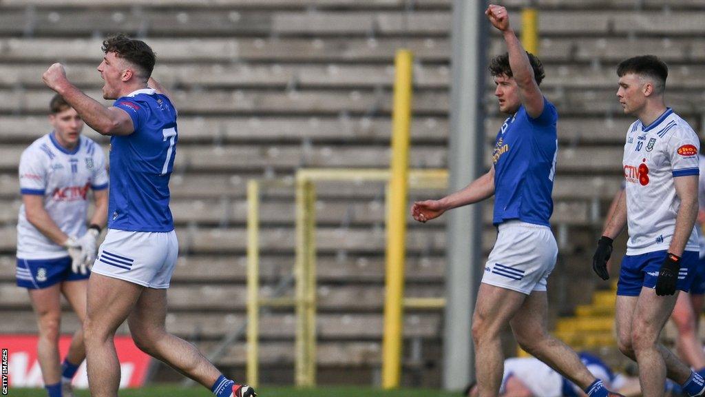 Conor Brady and Oisin Kiernan celebrate after Padraig Faulkner hit Cavan's first goal at Clones