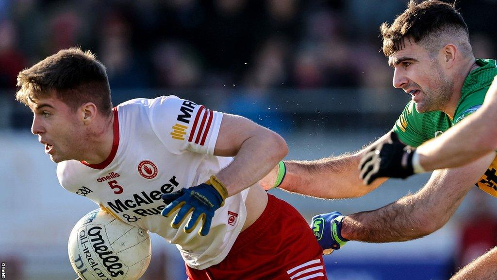 Donegal's Caolan McGonagle battles with Tyrone's Cormac Quinn in the Division One League game in February