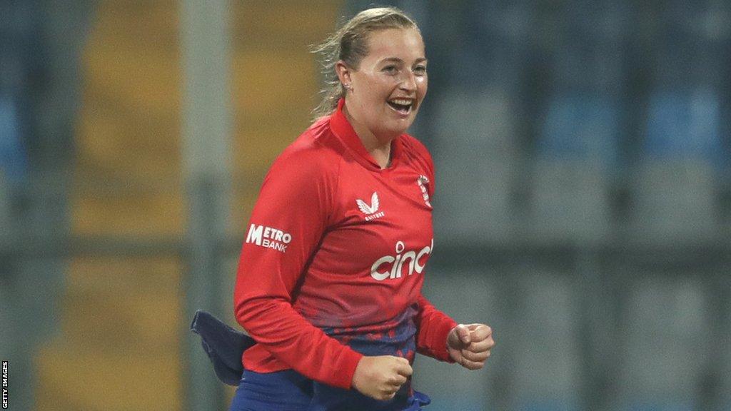 England bowler Sophie Ecclestone celebrates taking a wicket