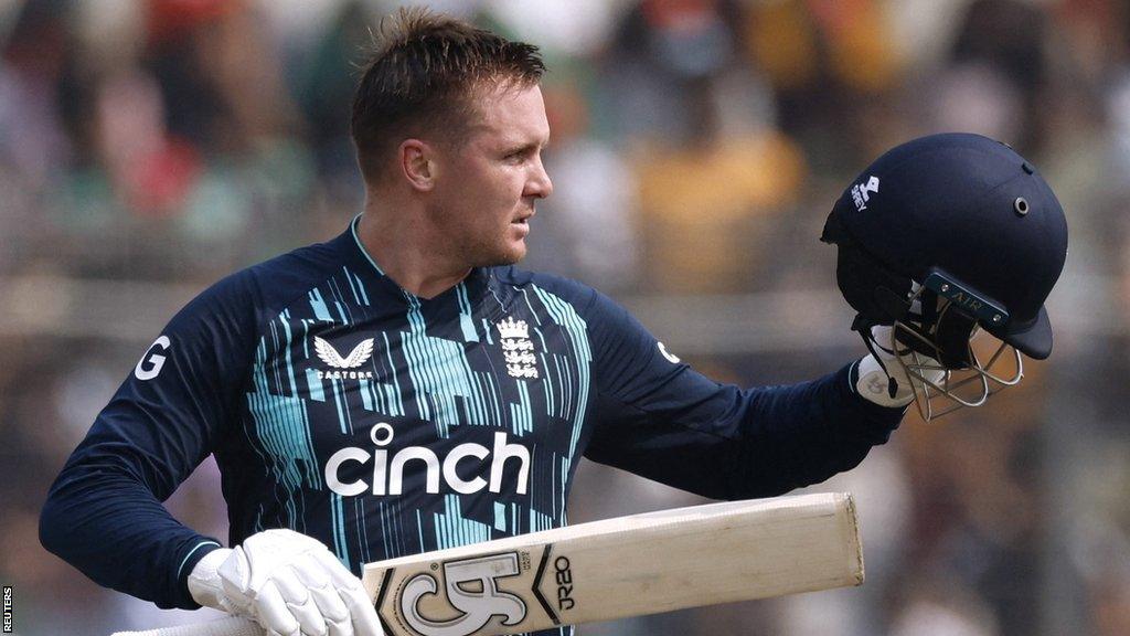 England's Jason Roy celebrates a century in second ODI v Bangladesh in Mirpur