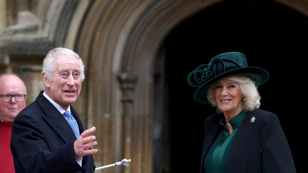 King Charles and Queen Camilla arrive to attend the Easter Matins Service at St. George's Chapel, Windsor Castle