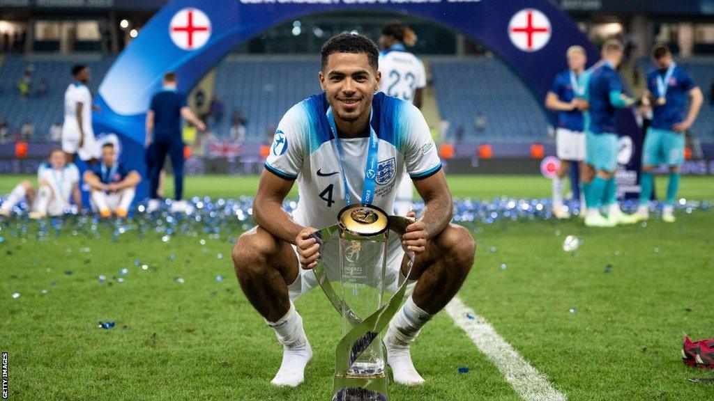 Levi Colwill celebrates England's Under-21 European Championship triumph.