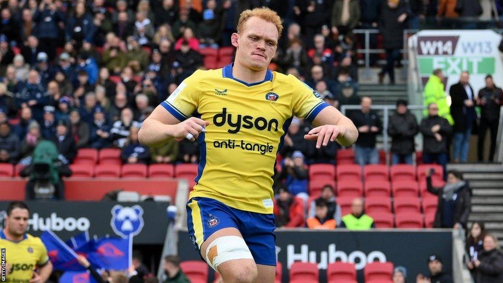 Miles Reid of Bath Rugby runs onto the field