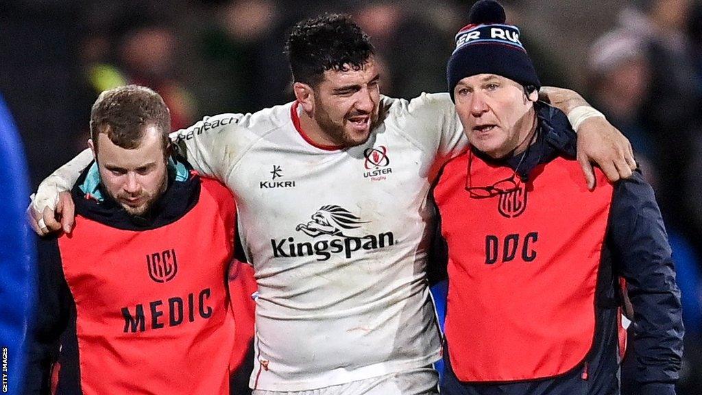 Toomaga-Allen is helped off after sustaining knee ligament damage against Zebre in late November