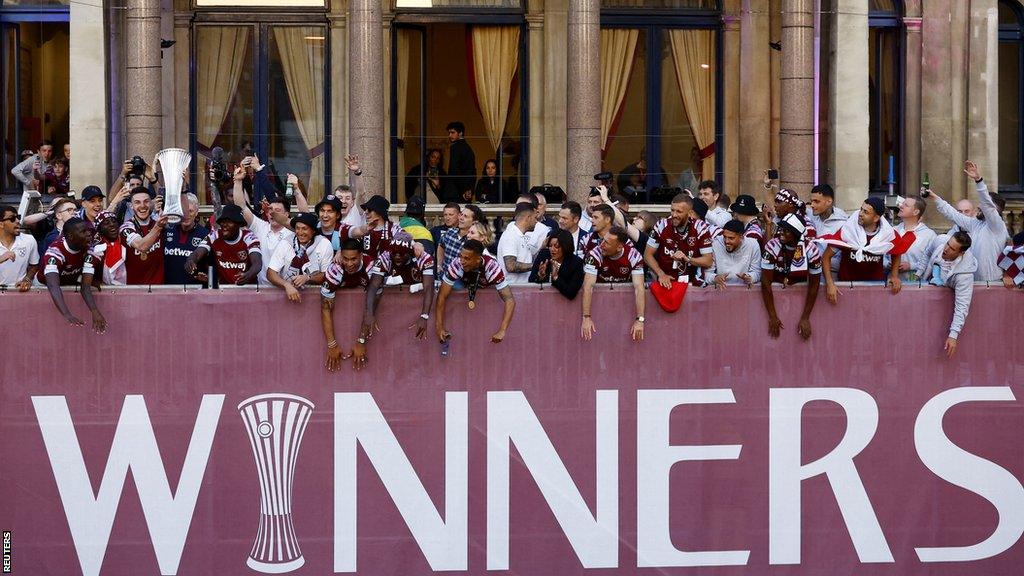 West Ham players on the stage at the trophy parade