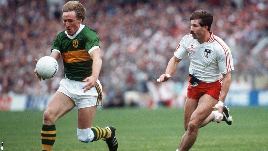 Kerry's Pat Spillane attempts to burst away from Tyrone's Kevin McCabe in the 1986 All-Ireland Final