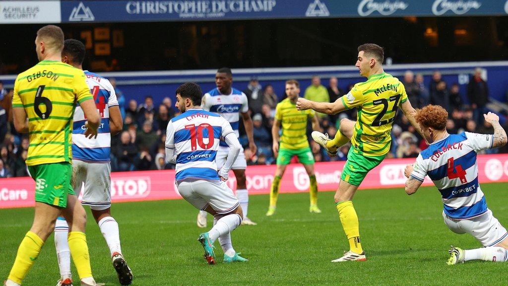 Kenny McLean of Norwich scores his side's first goal during the Sky Bet Championship match between Queens Park Rangers and Norwich City at Loftus Road on February 10, 2024 in London, England.