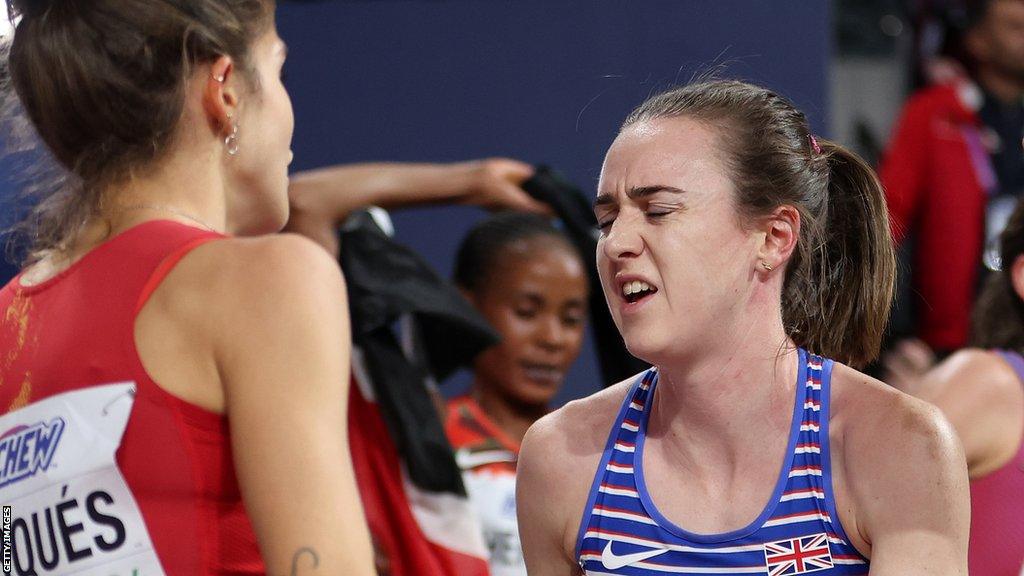 Laura Muir suffers at the end of the 3,000m final in Glasgow