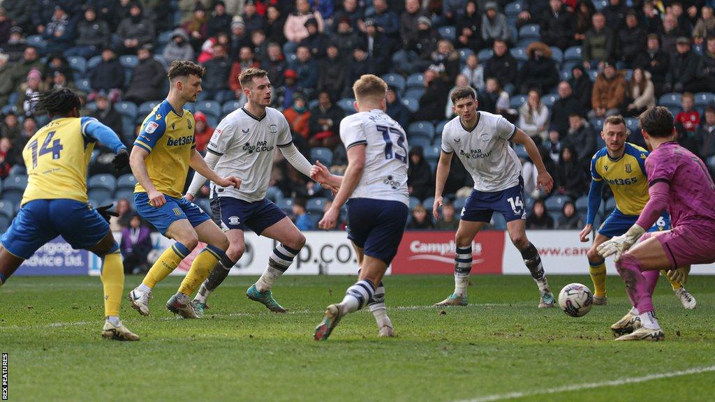 Luke McNally of Stoke City scores to make it 2-1 to the Potters against Preston