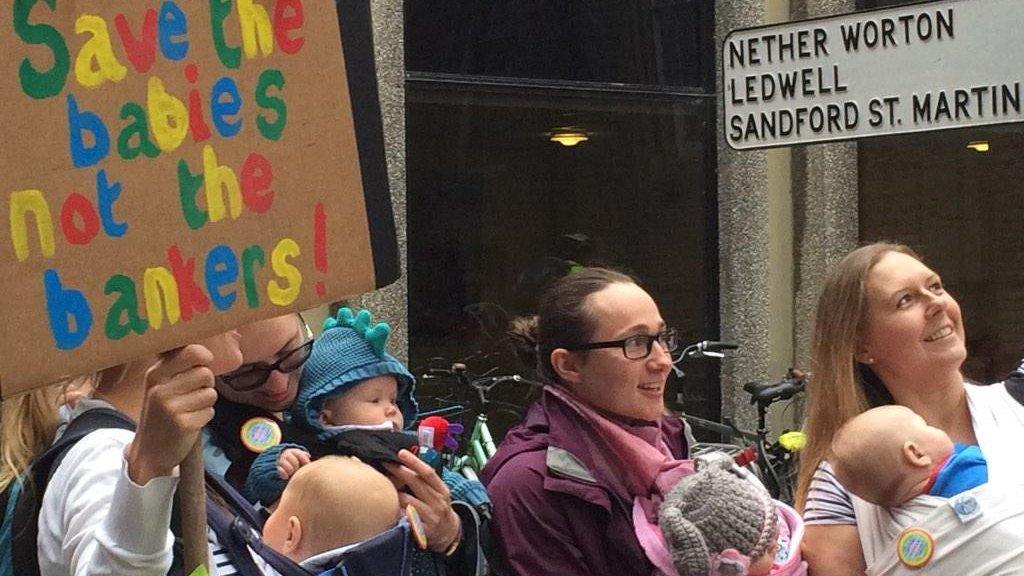 Parents protesting outside County Hall against cuts to Children's Centres