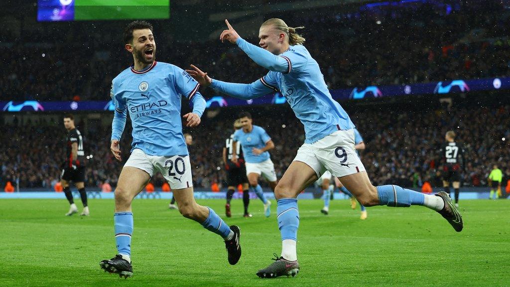 Erling Haaland celebrates scoring for Manchester City against RB Leipzig in the Champions League