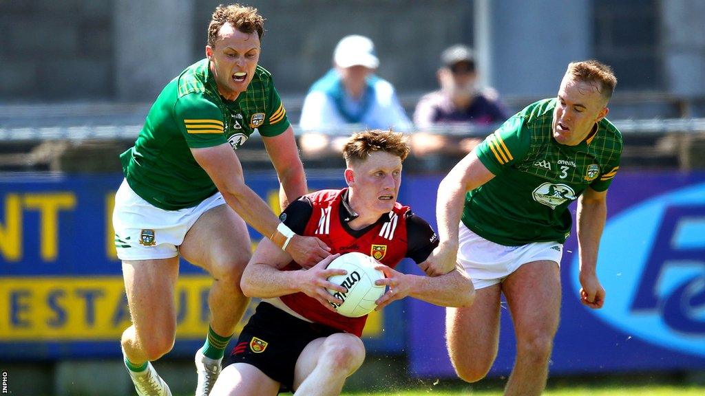 Odhran Murdock (centre) is challenged by Meath's Ronan Jones and Ronan Ryan in last weekend's Tailteann Cup game at Parnell Park