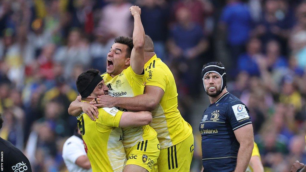 Thomas Berjon of La Rochelle celebrates with team-mates after beating Leinster in the Champions Cup final in May