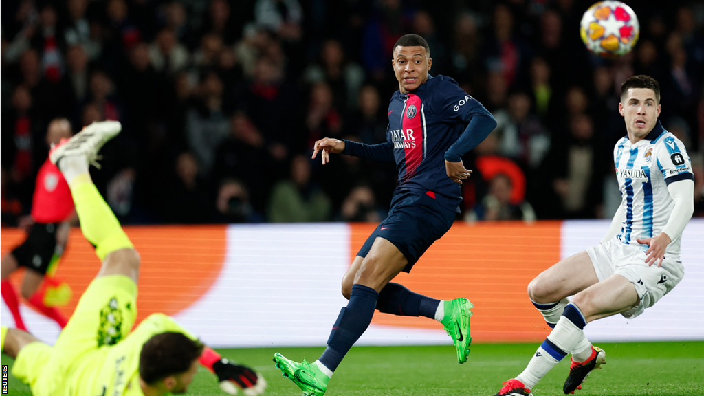 Kylian Mbappe in action for Paris St-Germain against Real Sociedad in the Champions League