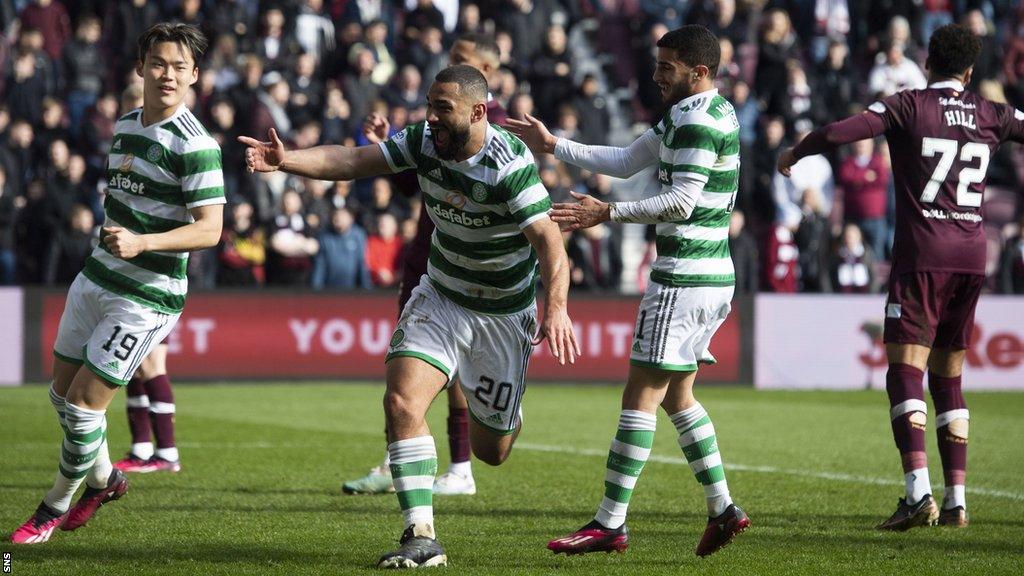 Celtic's Cameron Carter-Vickers celebrates scoring at Tynecastle