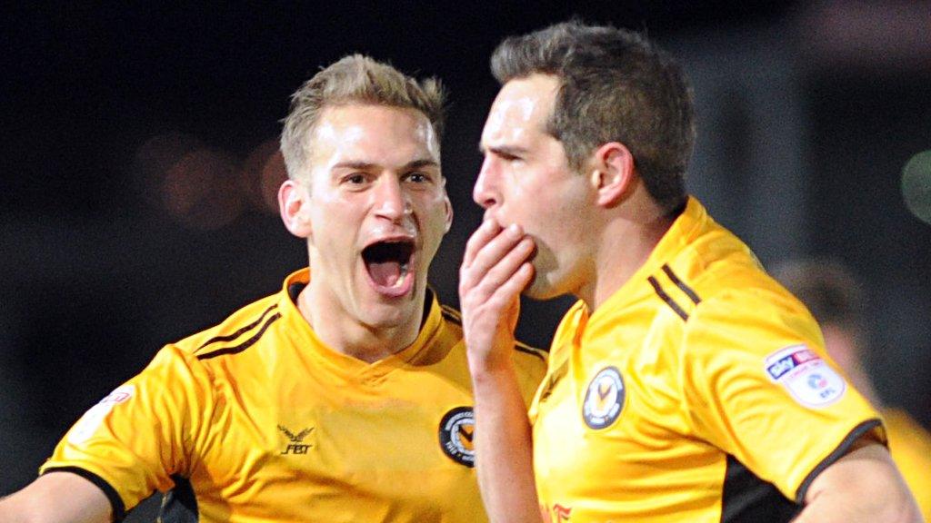 Matt Dolan (r) celebrates one of his goals for Newport County against Carlisle