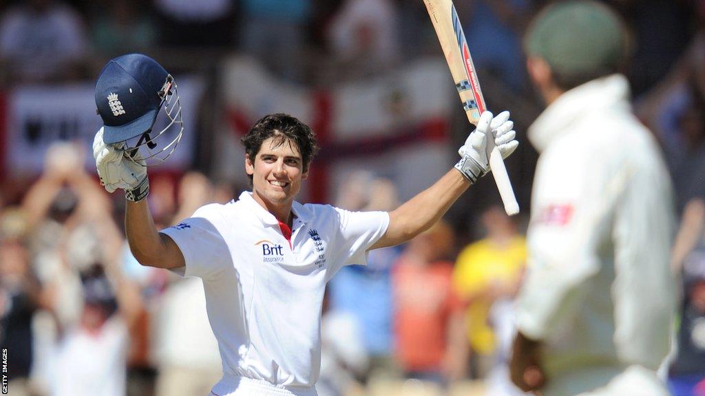 England batter Alastair Cook celebrates his century during the second 2010-11 Ashes Test