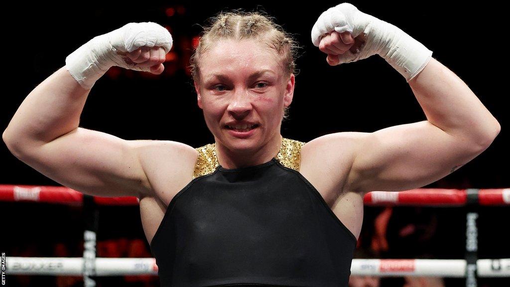 Lauren Price celebrates defeating Kirstie Bavington in May, 2023