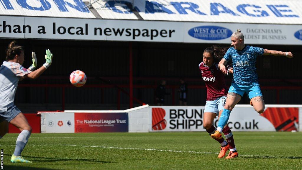 Beth England heads the opening goal for Tottenham at West Ham