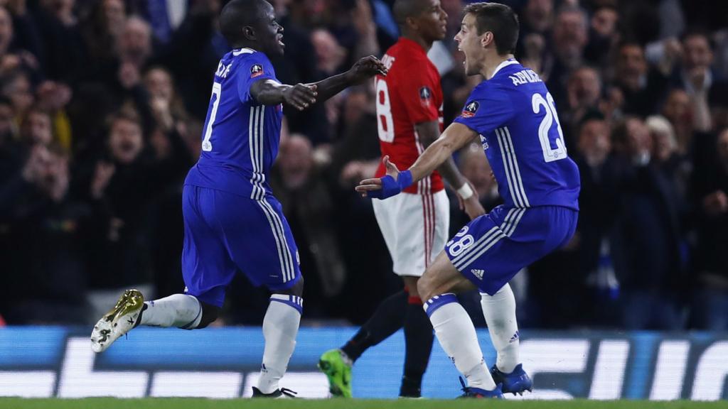 Chelsea"s N"Golo Kante celebrates scoring their first goal with Cesar Azpilicueta