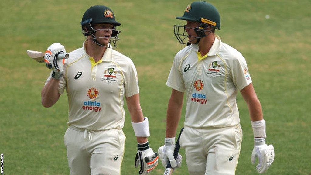 Steve Smith (left) and Marnus Labuschagne (right) batting together for Australia