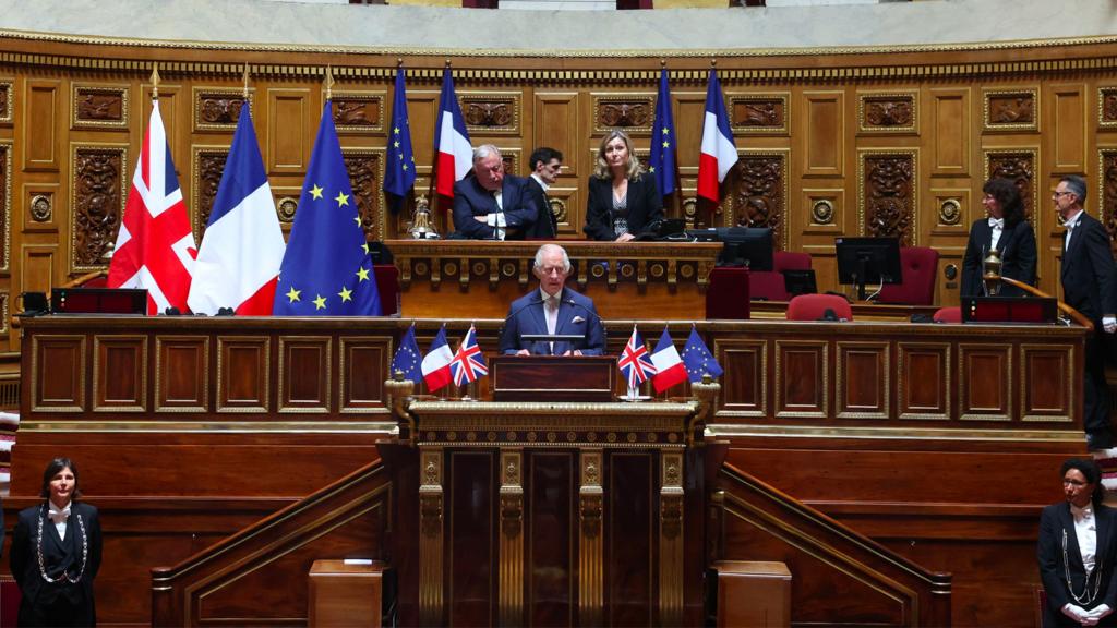 Britain's King Charles addresses Senators and members of the National Assembly at the French Senate, the first time a member of the British Royal Family has spoken from the Senate Chamber, in Paris on 21 September 2023