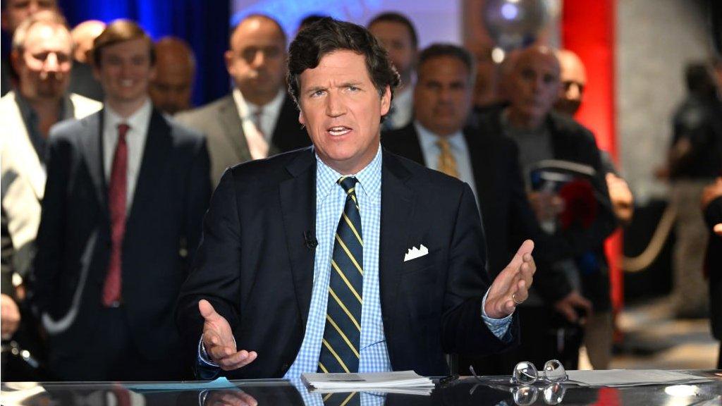 Host Tucker Carlson at Fox News headquarters in New York.