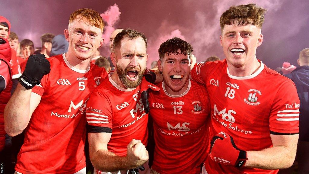 Seanie O'Donnell, Niall Donnelly, Daniel Donnelly and Darragh McQuaid celebrate after Trillick's Tyrone SFC Final win