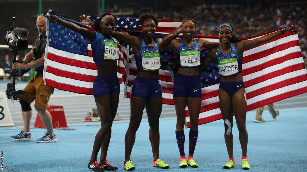 Tori Bowie, Tianna Bartoletta, Allyson Felix and English Gardner celebrate their 4x100m relay gold at the Rio 2016 Olympics