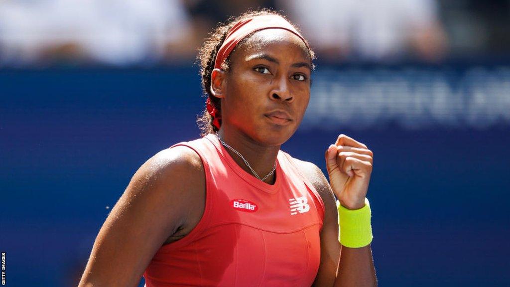 Coco Gauff celebrates her victory over Jelena Ostapenko