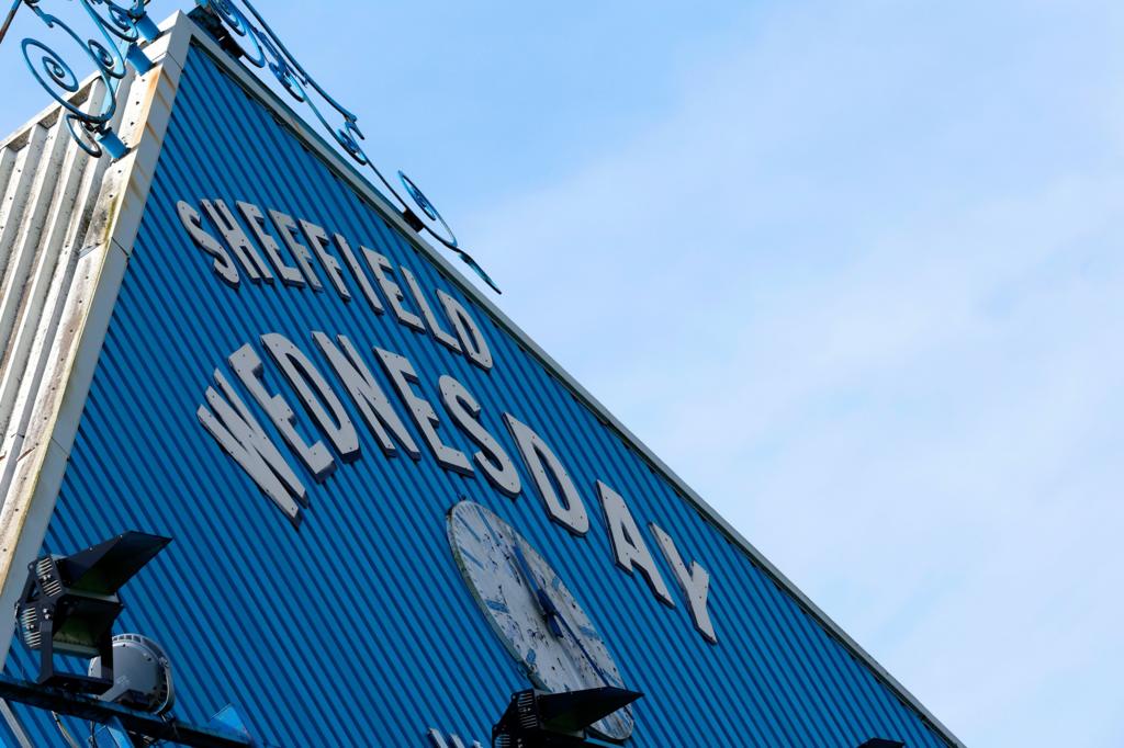 SHEFFIELD, ENGLAND - MAY 2: Sheffield Wednesday wording and the famed clock onto of one of the stands during the Sky Bet Championship match between Sheffield Wednesday and West Bromwich Albion at Hillsborough on May 2, 2026 in Sheffield, United Kingdom. (Photo by Adam Fradgley/West Bromwich Albion FC via Getty Images)