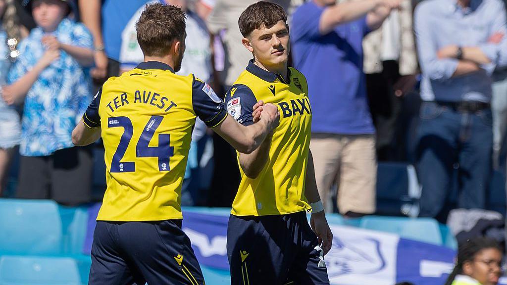 Will Lankshear (right) of Oxford United celebrates scoring his side's first goal during the Championship match between Oxford United and Sheffield Wednesday at Kassam Stadium