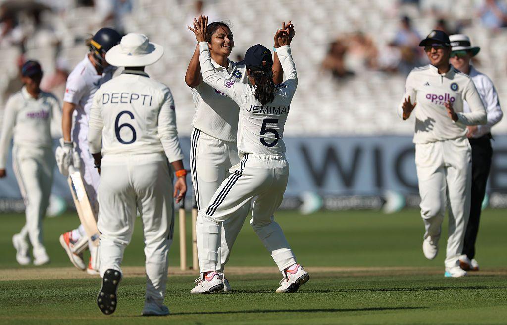 India bowler Sayali Satghare celebrates the wicket of England batter Alice Capsey during day three of the 1st Women's Rothesay Test Match between England and India at Lord's Cricket Ground on July 12, 2026 in London, England.