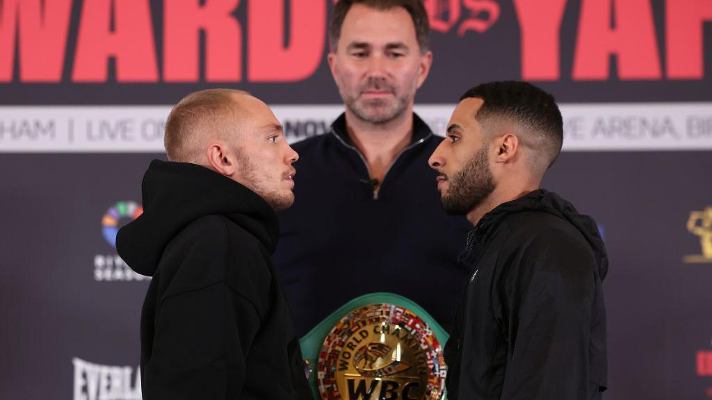 Sunny Edwards (left) faces up to Galal Yafai in their pre-fight press conference as promoter Eddie Hearn watches on