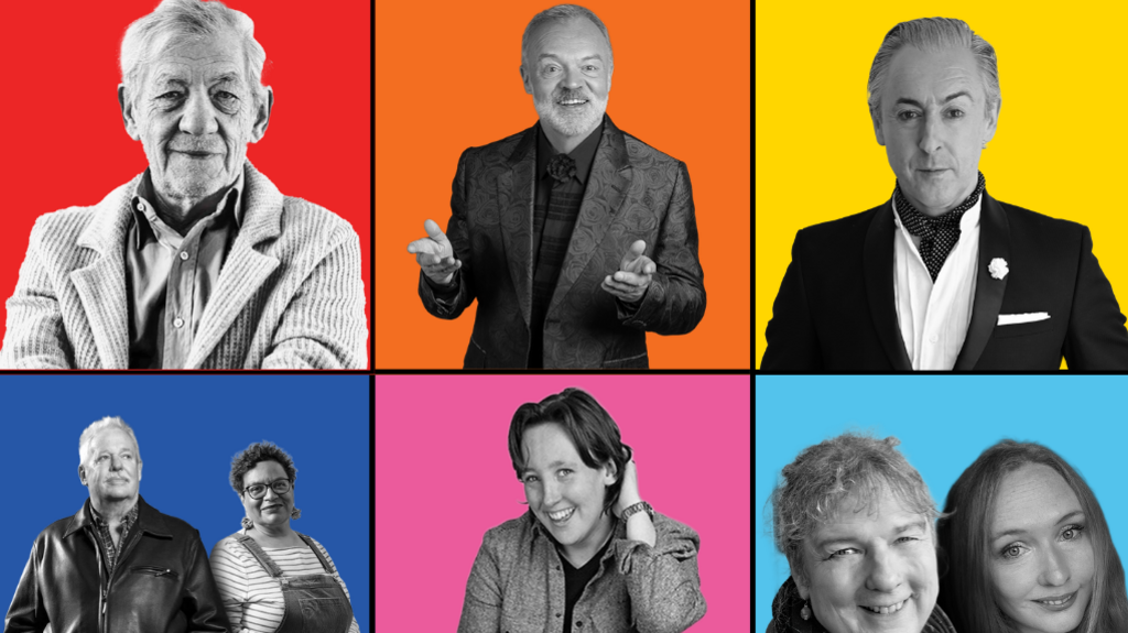 A composite image of six acts, including Ian McKellan, Graham Norton, Alan Cumming, Mhairi Black, all in black and white and set against colourful backgrounds.