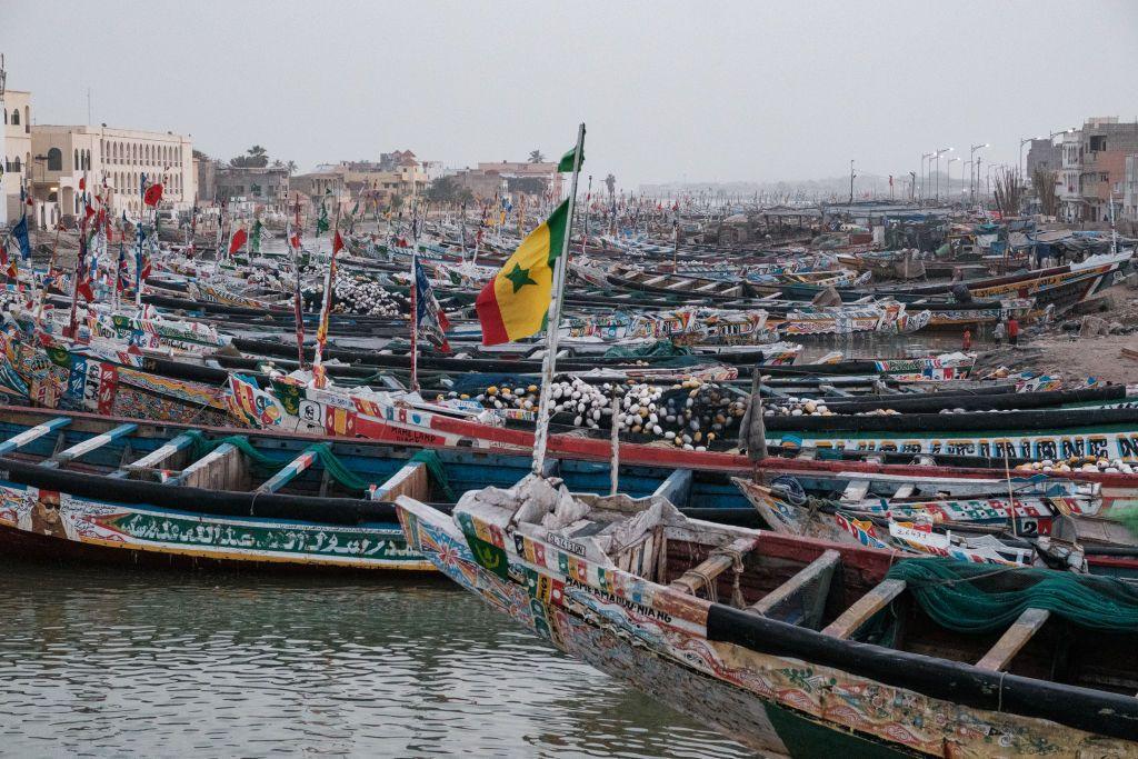 Narrow, canoe-style fishing boats - known locally as pirogues - are moored close to the shore in Saint-Louis, Senegal.