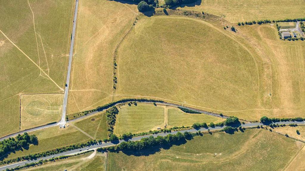 A drone shot of a green landscape with some trees at the bottom surrounding a road. The fields have lines in them, indicating paths and also ancient features