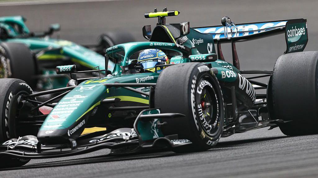 Fernando Alonso on track in the Aston Martin in Belgium 