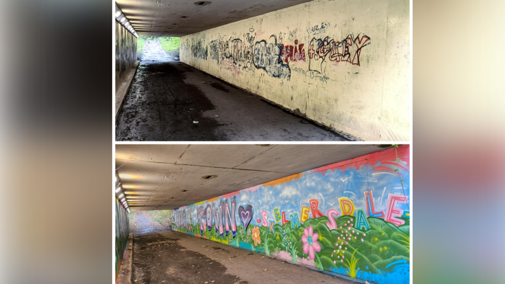 A picture above shows a subway with old graffiti on, the one underneath shows the same subway which is now full of bright, painted colours that says the words Skelmersdale