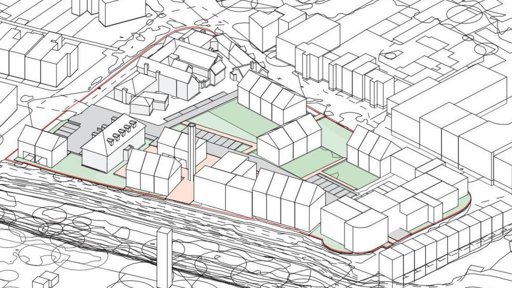 The illustrative site layout provided with the outline planning application showing a sketch-style version of the Devizes hospital site, mostly in black and white but with some of the new areas coloured green and light orange